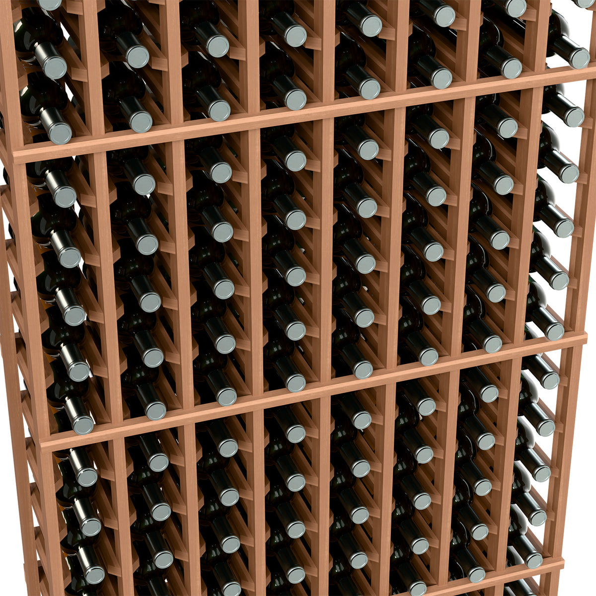 Wine bottle storage rack close-up with light wood frame and bottle rows