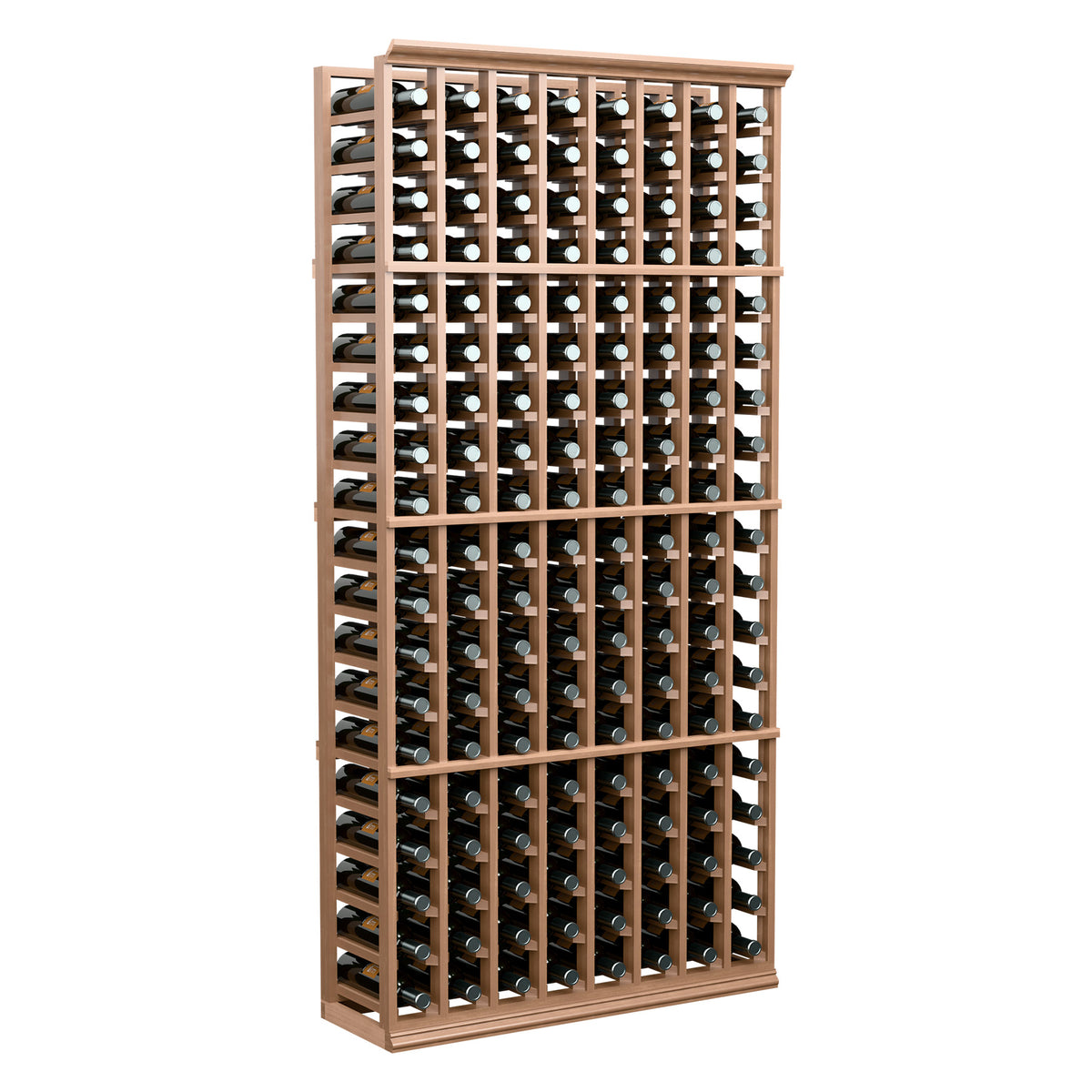Light wood wine bottle rack with vertical grid holding capped bottles