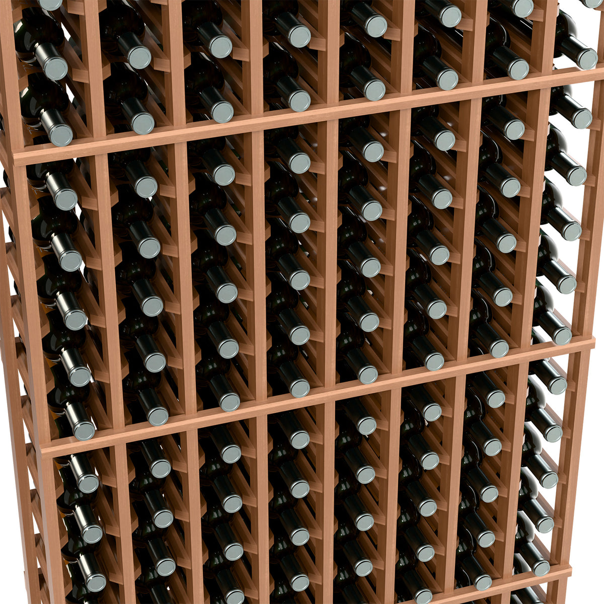 Close-up of light wood wine rack holding capped bottles in square rows