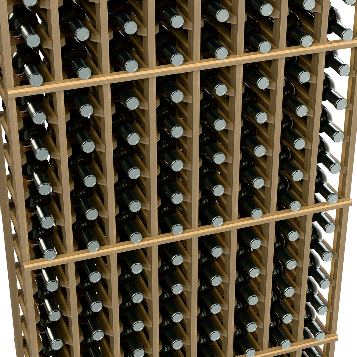 Close-up of light wood wine bottle rack with capped bottles in rows