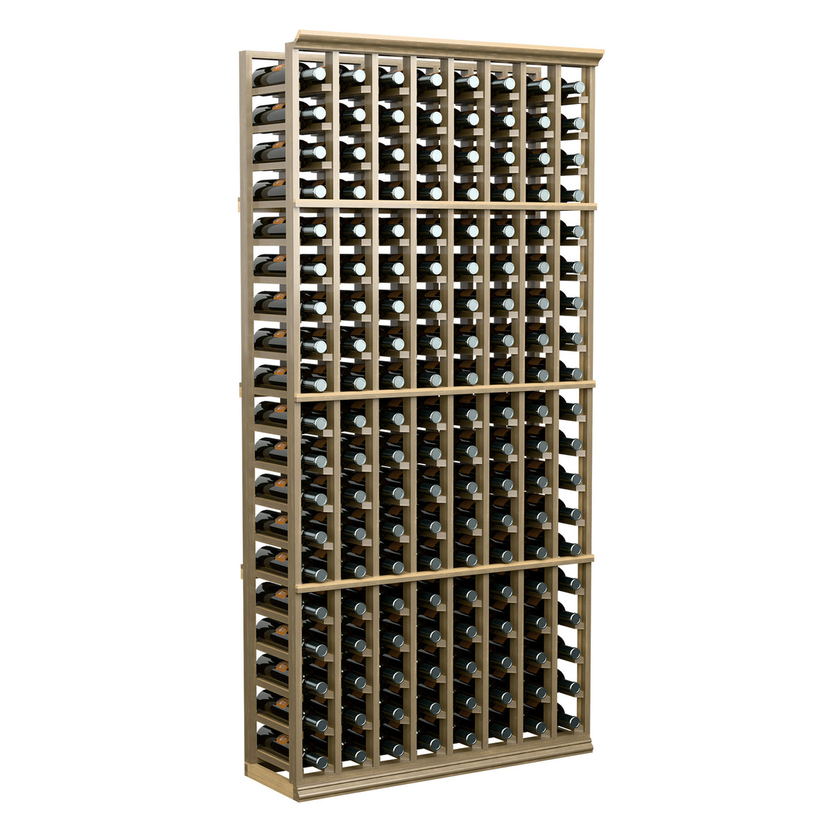 Light wood wine bottle storage rack with tall front grid and capped bottles