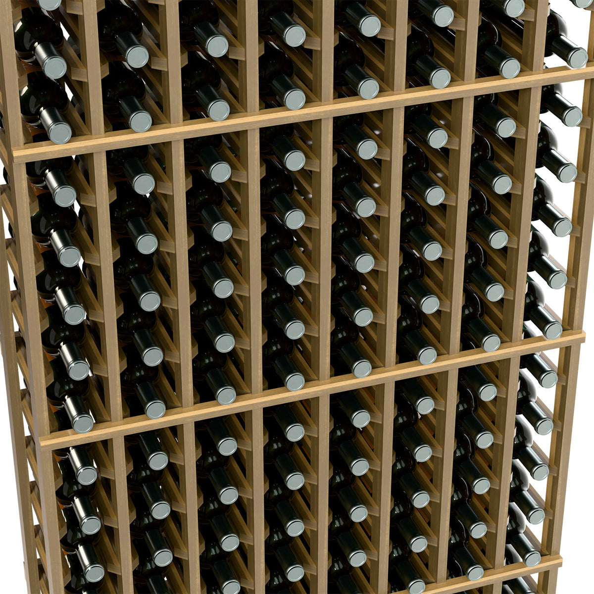 Close-up of light wood wine rack showing capped bottles in bottle slots