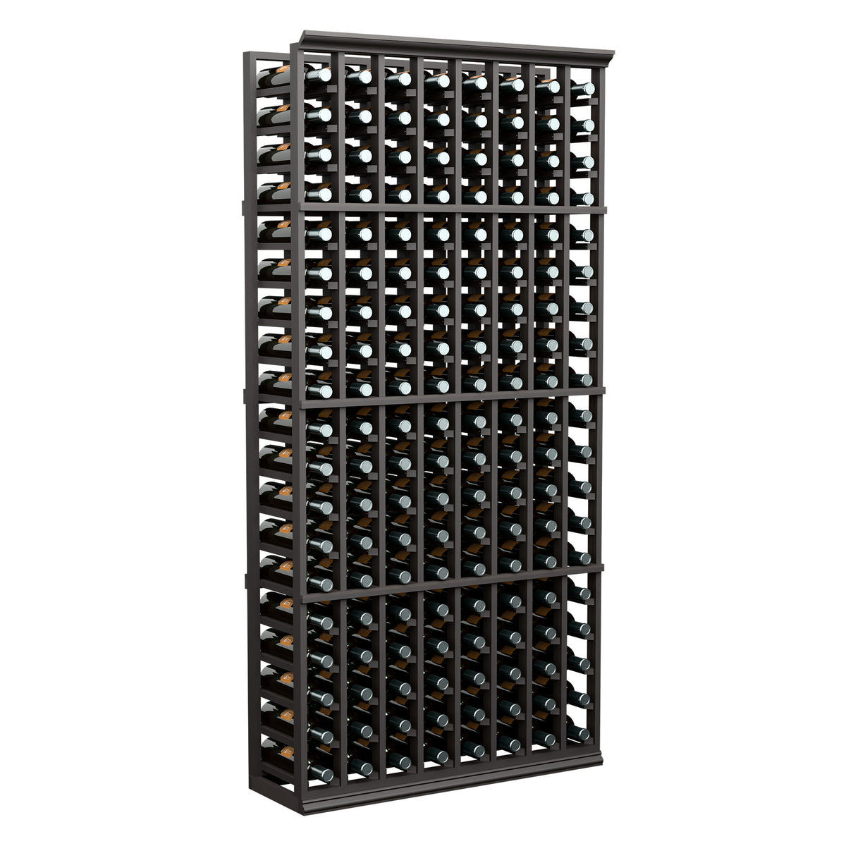 Tall black wine bottle rack with front grid holding capped bottles