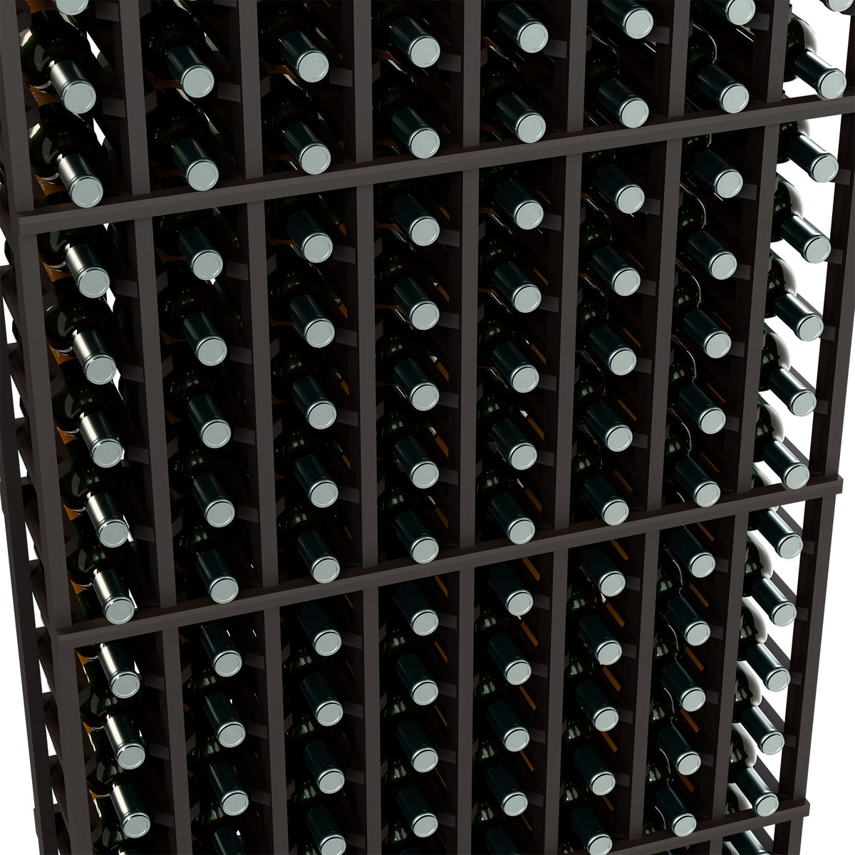 Close-up of black wine rack holding capped bottles in square rows