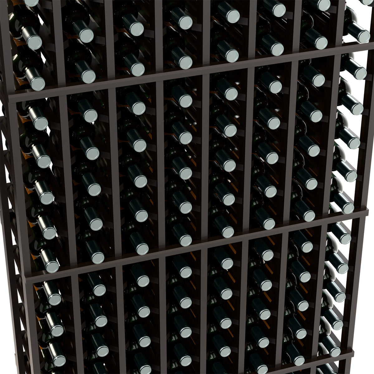 Close-up of dark wine bottle rack showing capped bottles in rows