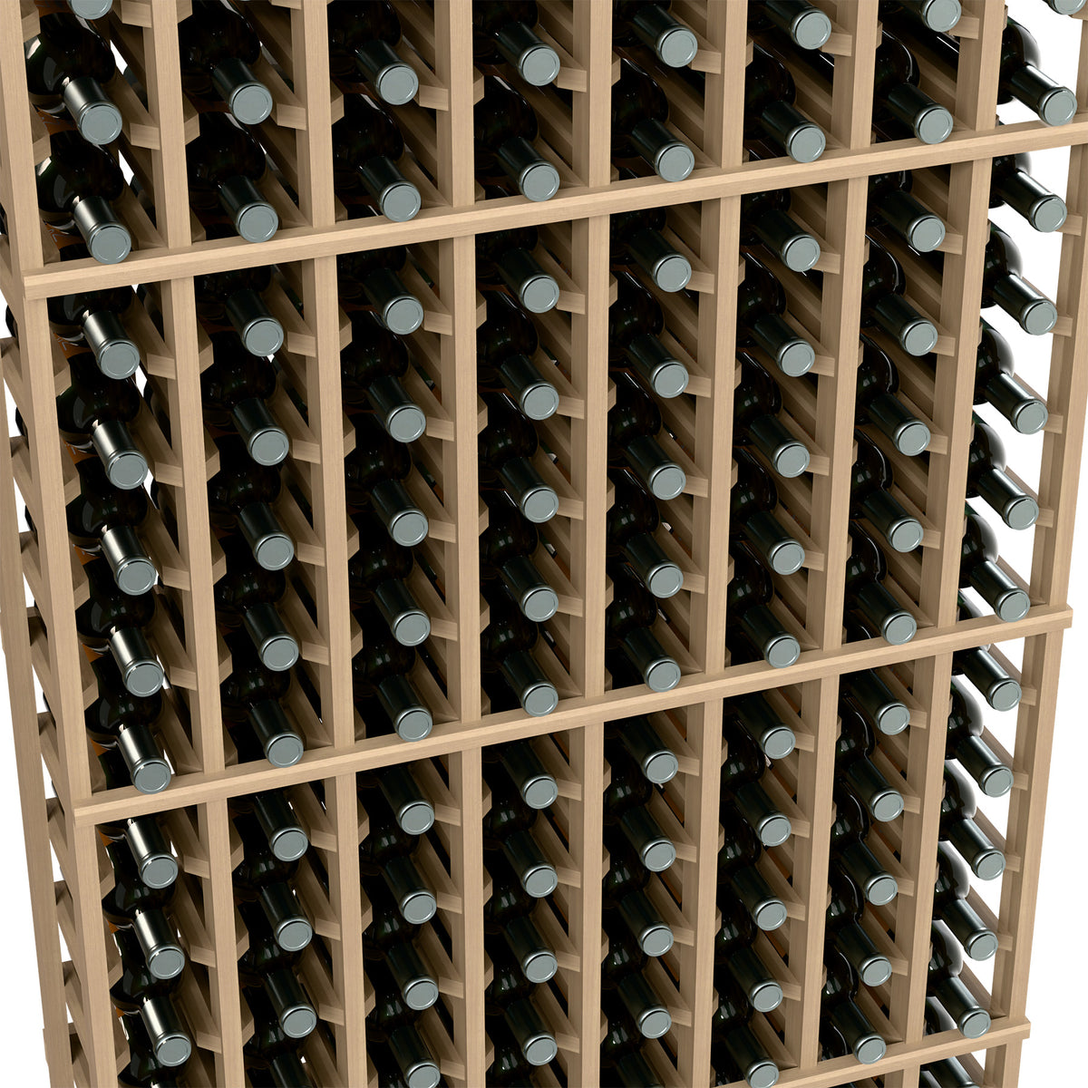 Close-up of light wood 8-column wine rack holding bottles in angled wooden cubbies