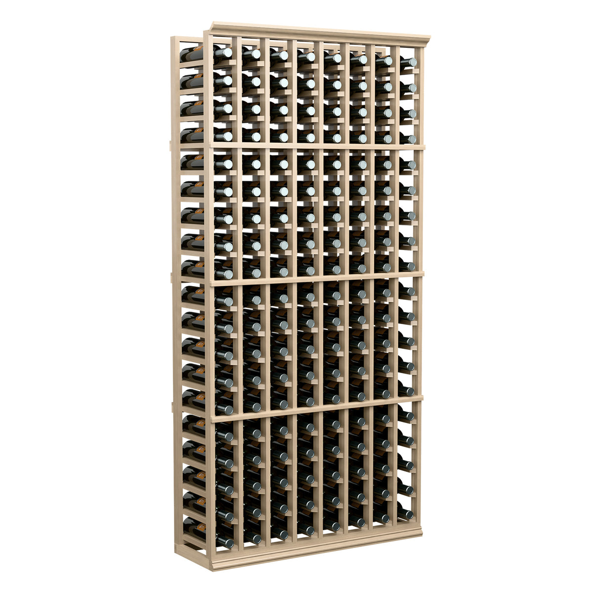Light wood 8-column wine bottle rack with bottle heads visible in front view