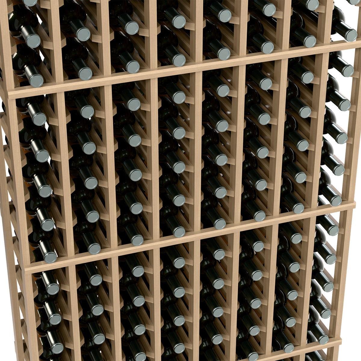 Close-up of light wood wine rack compartments with bottles resting in angled rows