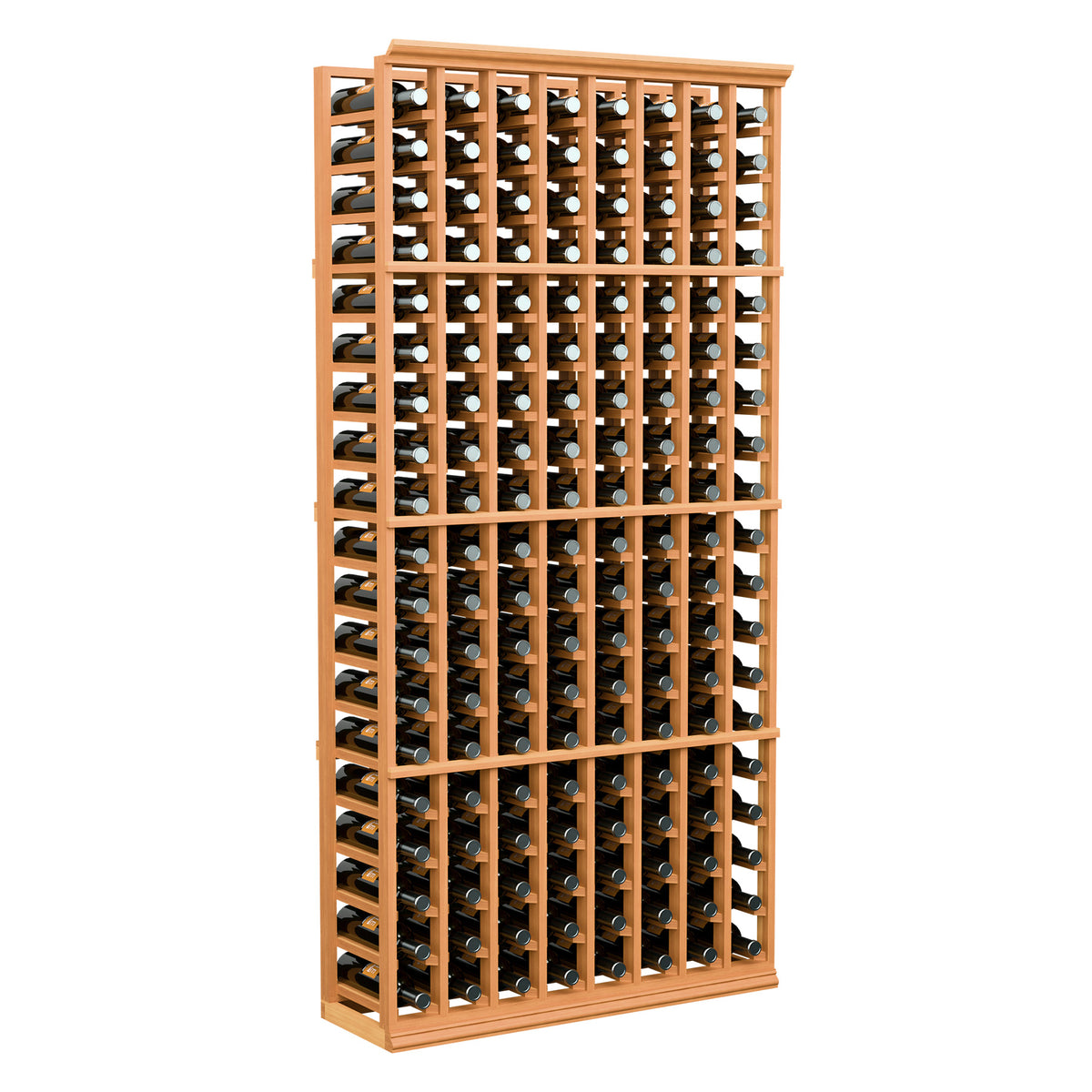 Orange-stained wood wine bottle rack with 8 columns and angled bottle slots