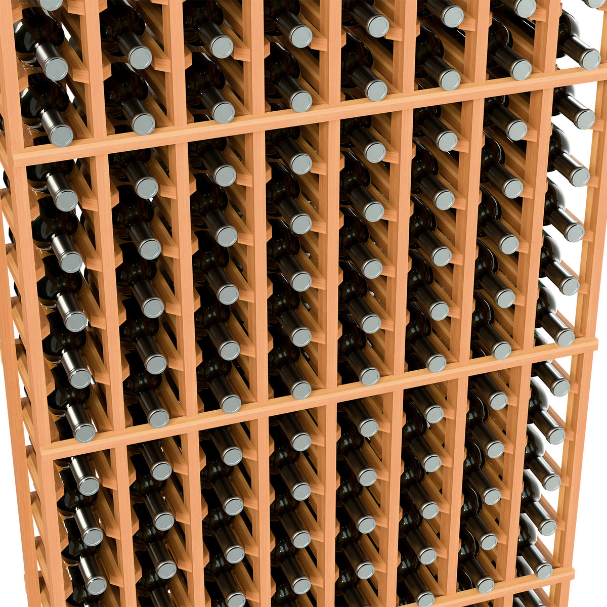 Close-up of orange-stained wine rack showing bottles arranged in angled wooden rows