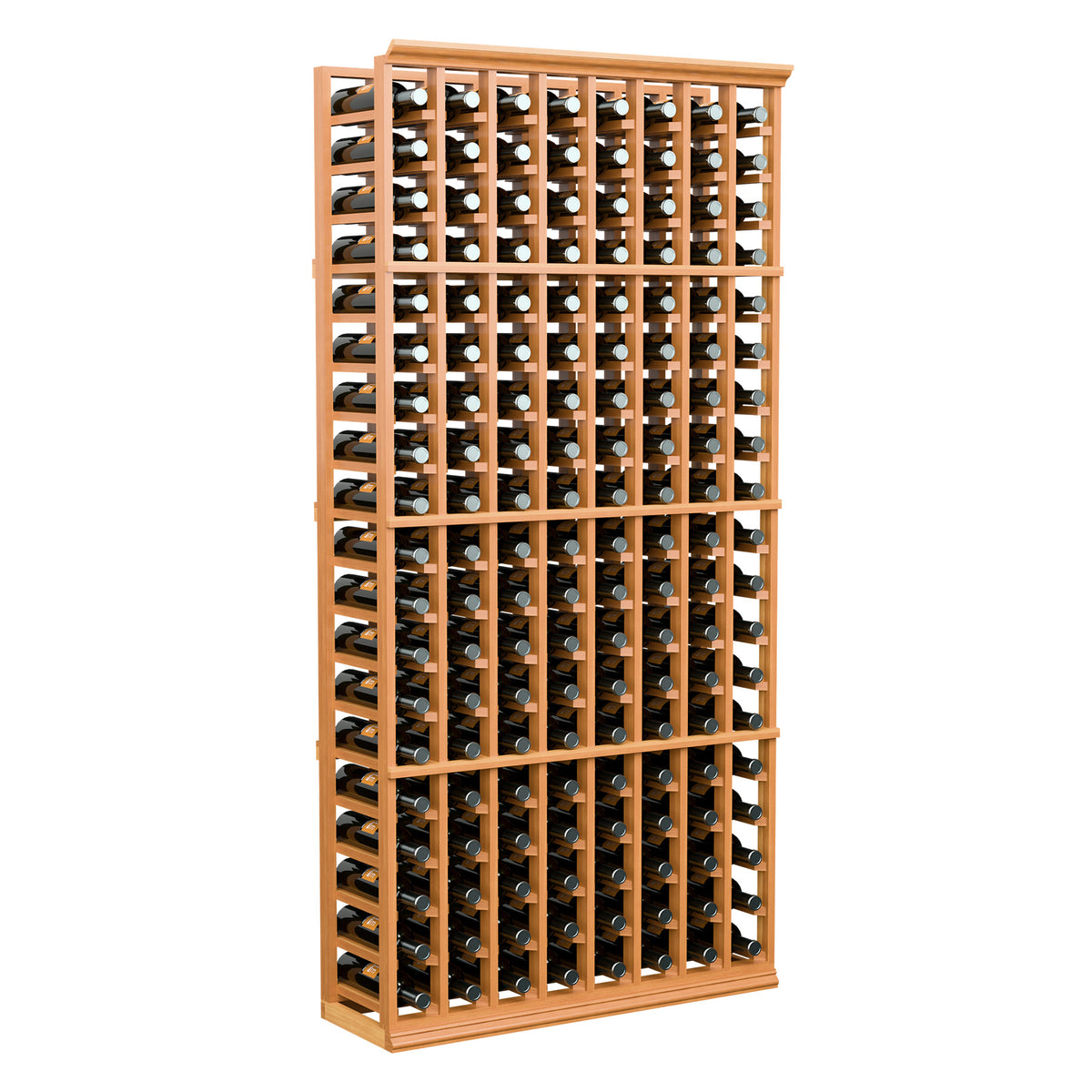Orange-stained wood wine bottle rack with 8 columns and bottle heads visible