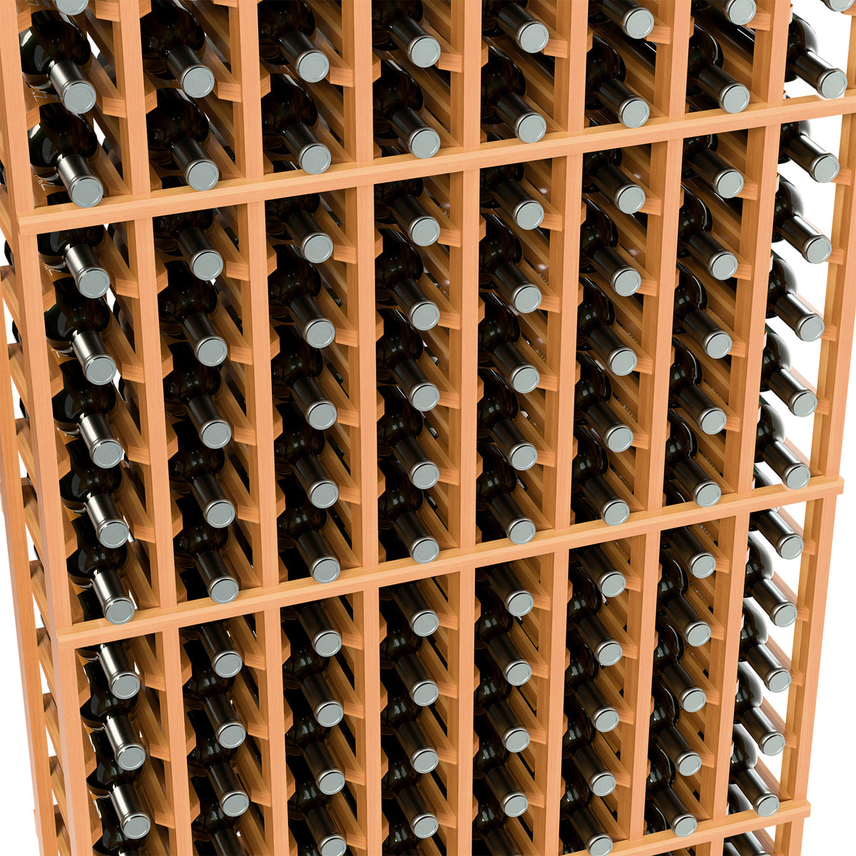 Close-up of orange wine rack compartments holding bottles in angled rows