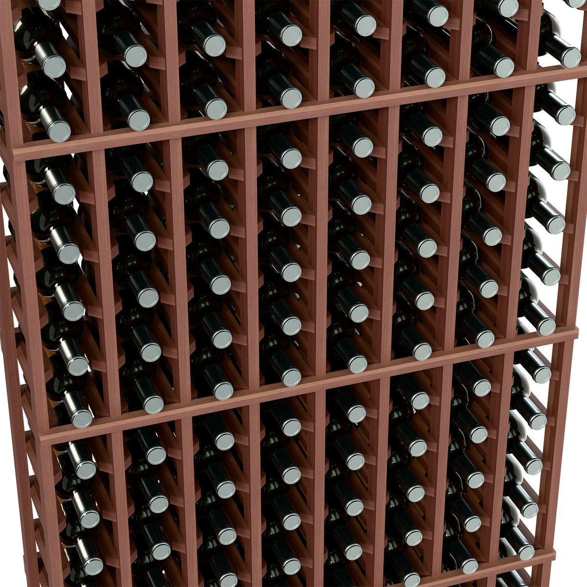 Close-up of dark brown wine rack compartments with bottles seated in rows
