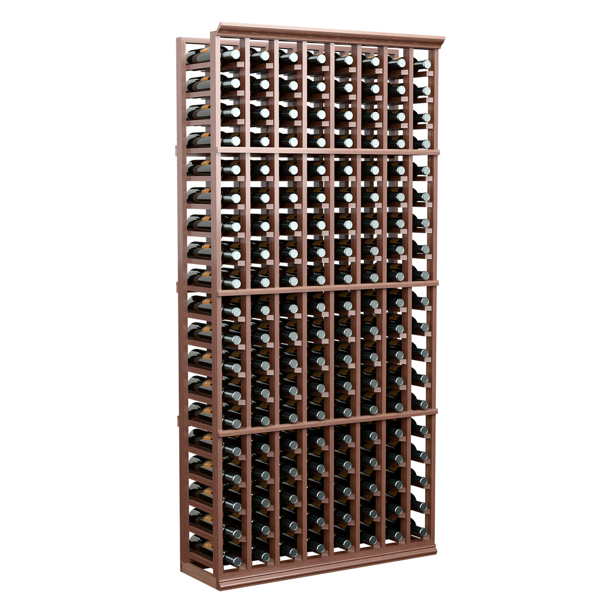 6-ft wood wine bottle rack with 8 columns, dark frame holding bottles