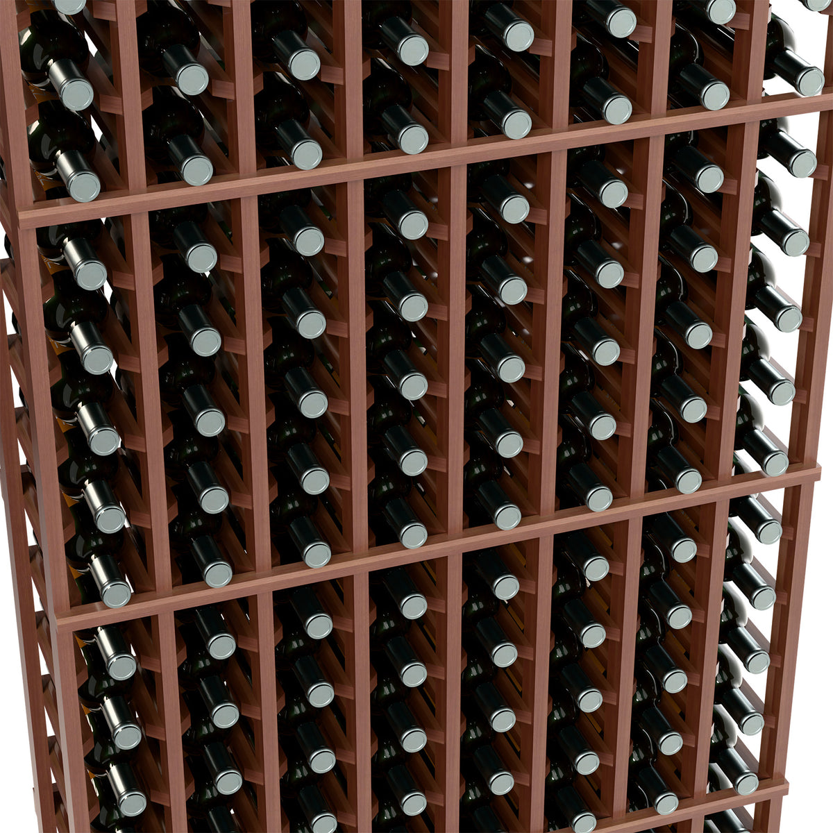 Wood wine bottle rack close-up, dark grid holding wine bottles and necks