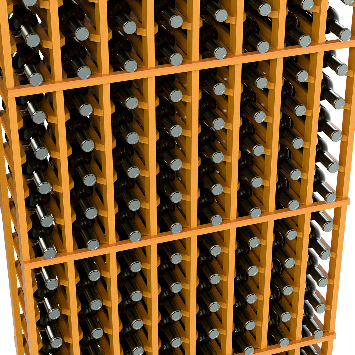 Wood wine bottle rack close-up, warm light frame holding wine bottles