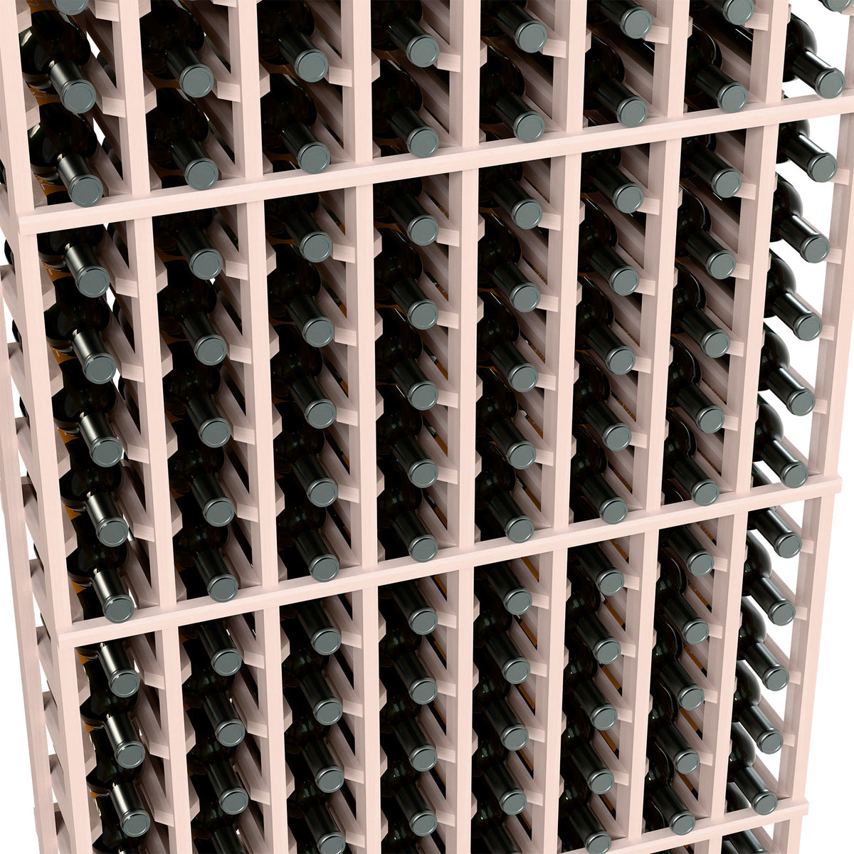 Wood wine bottle rack close-up, pale frame holding bottles and bottle necks
