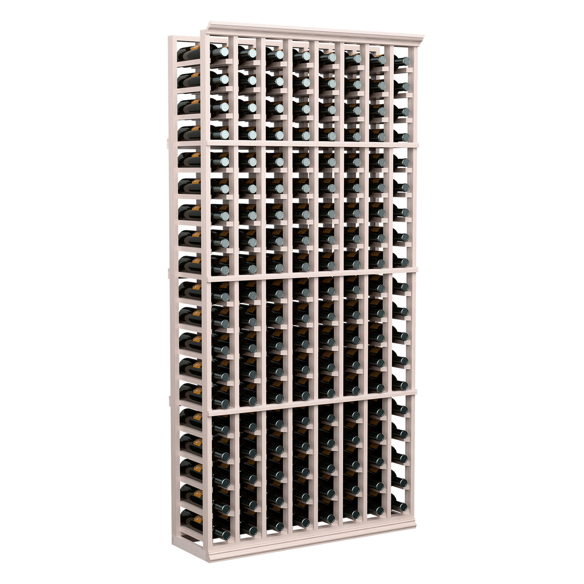 6-ft wood wine bottle rack with 8 columns, pale grey frame holding wine bottles