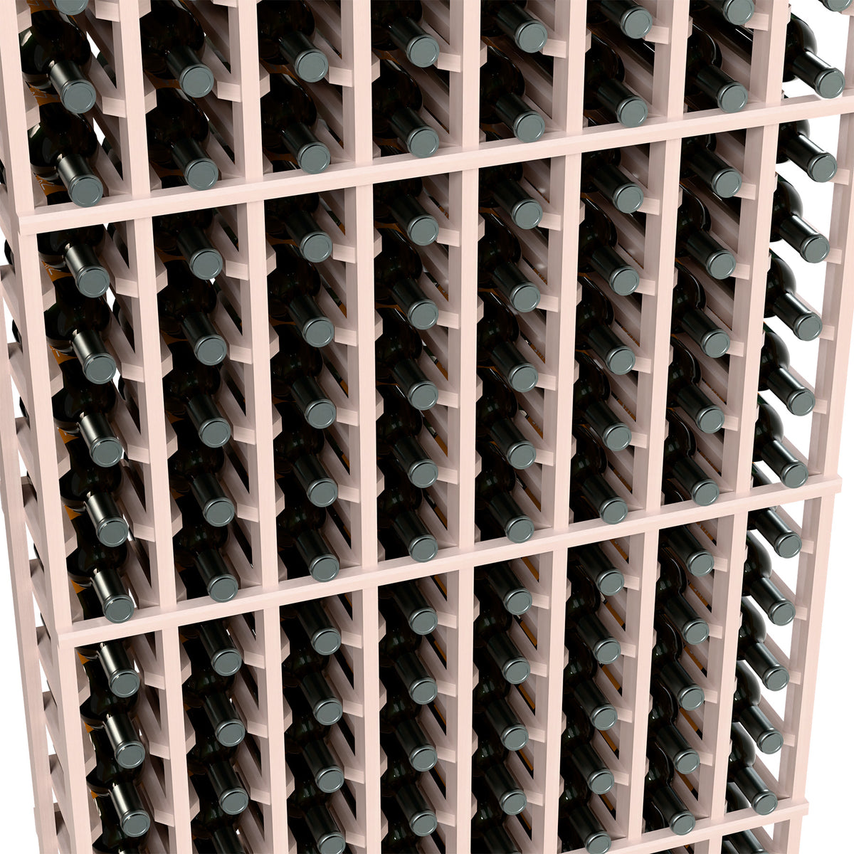 Wood wine bottle rack close-up, pale lattice holding wine bottles