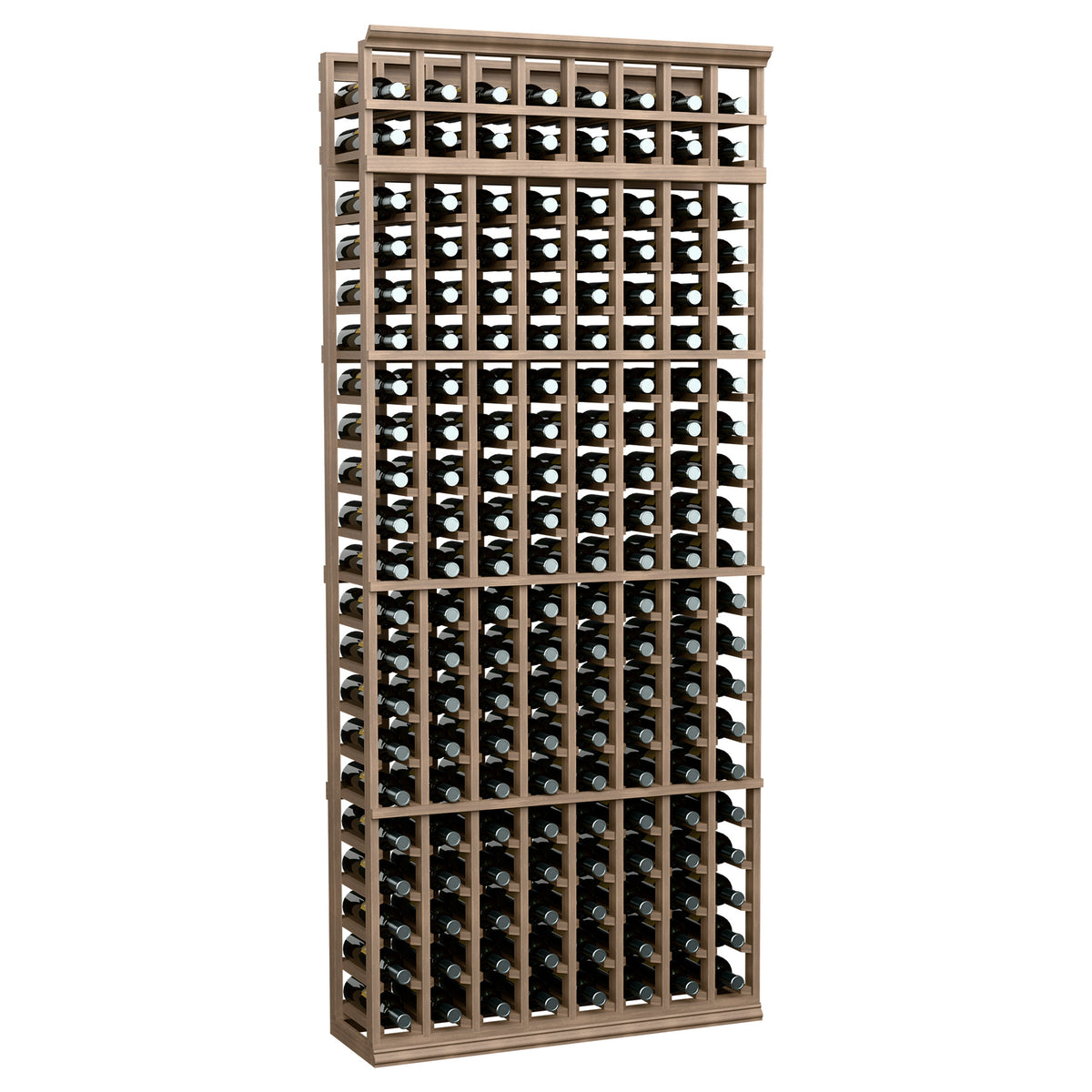 8-column 7-ft wine bottle rack with medium wood frame and bottle grid rows