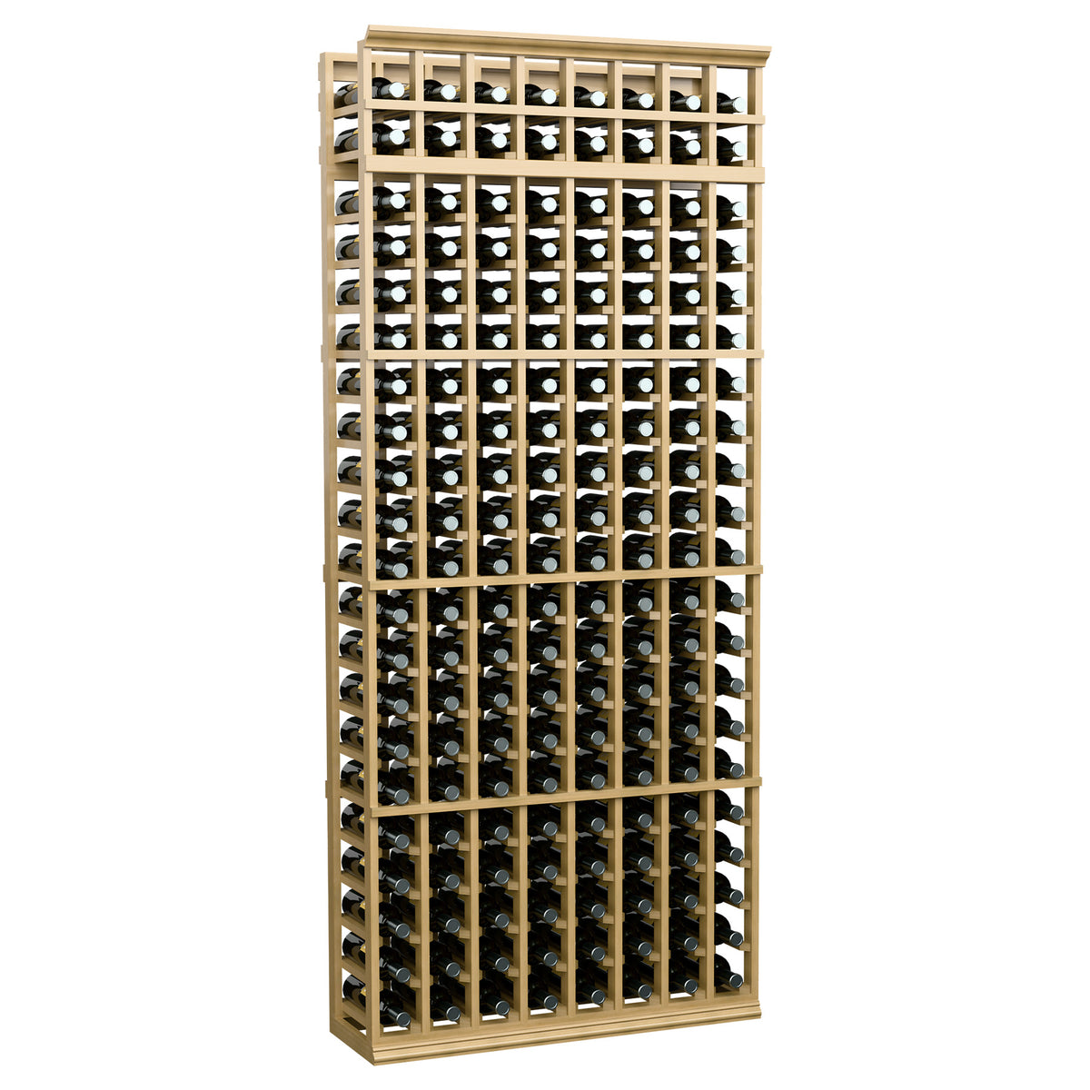 7 ft 8-column wine bottle rack, warm tan wood frame with bottle display cubbies