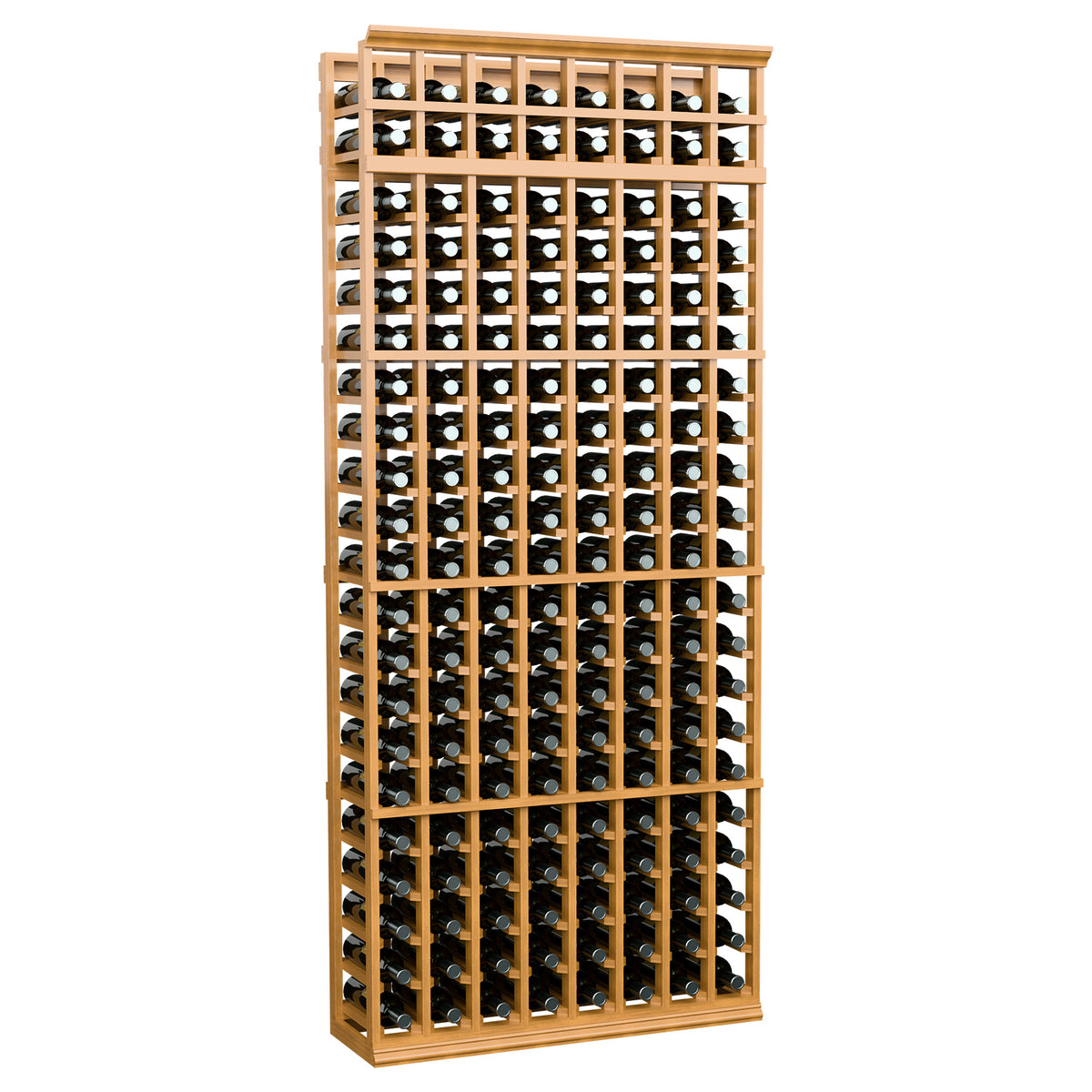 7 ft 8-column wine bottle rack, light honey wood frame with cubby-style bottle slots