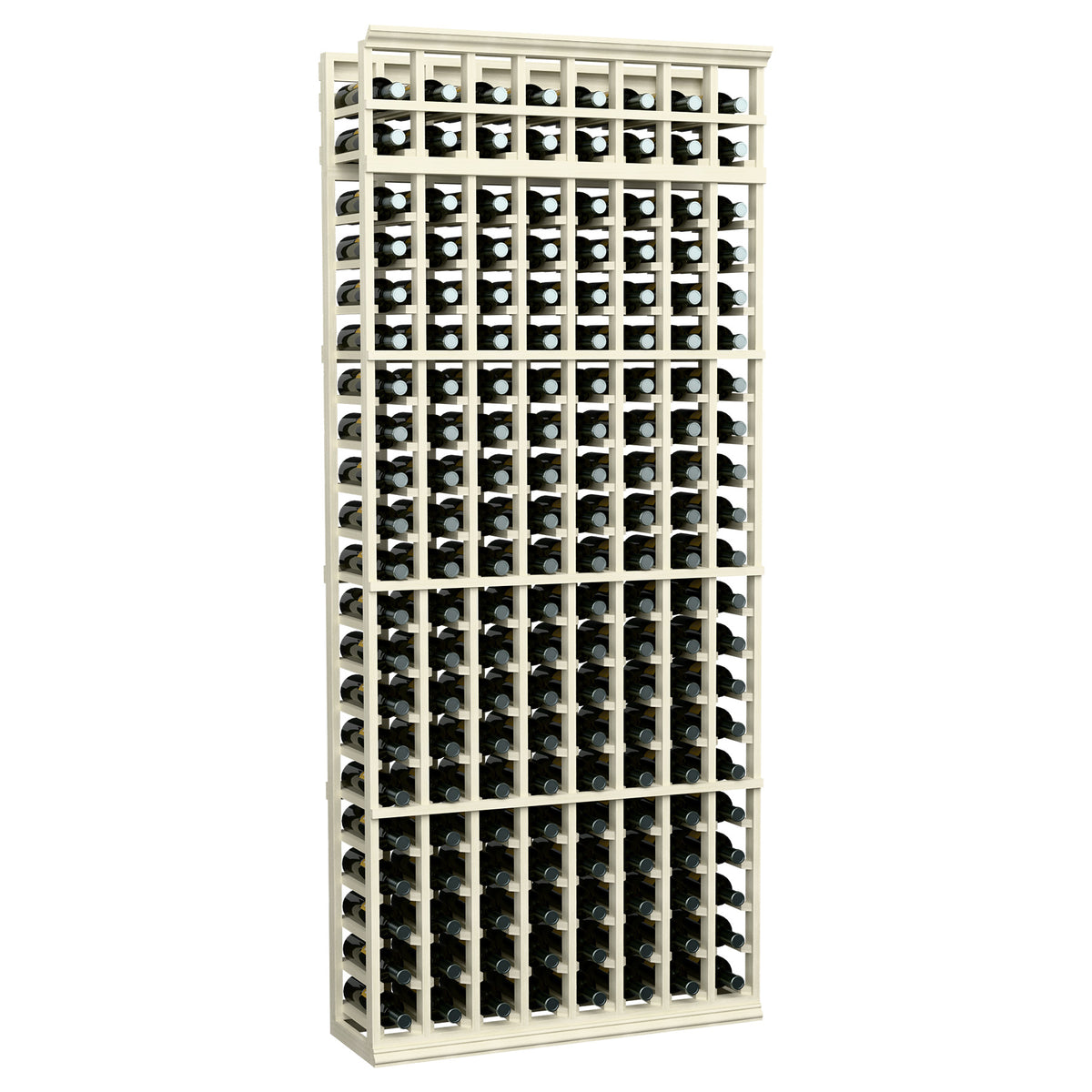 7 ft 8-column wine bottle rack, whitewashed frame with bottle storage cubbies