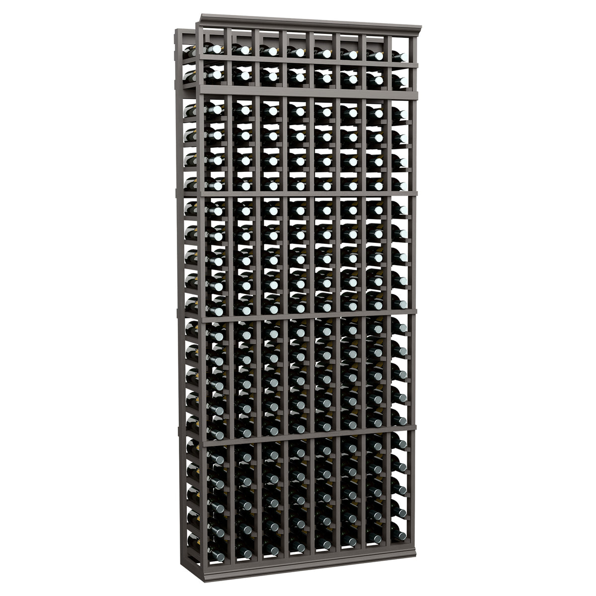 8-column wine bottle storage rack, dark wood frame with bottle-grip metal grid