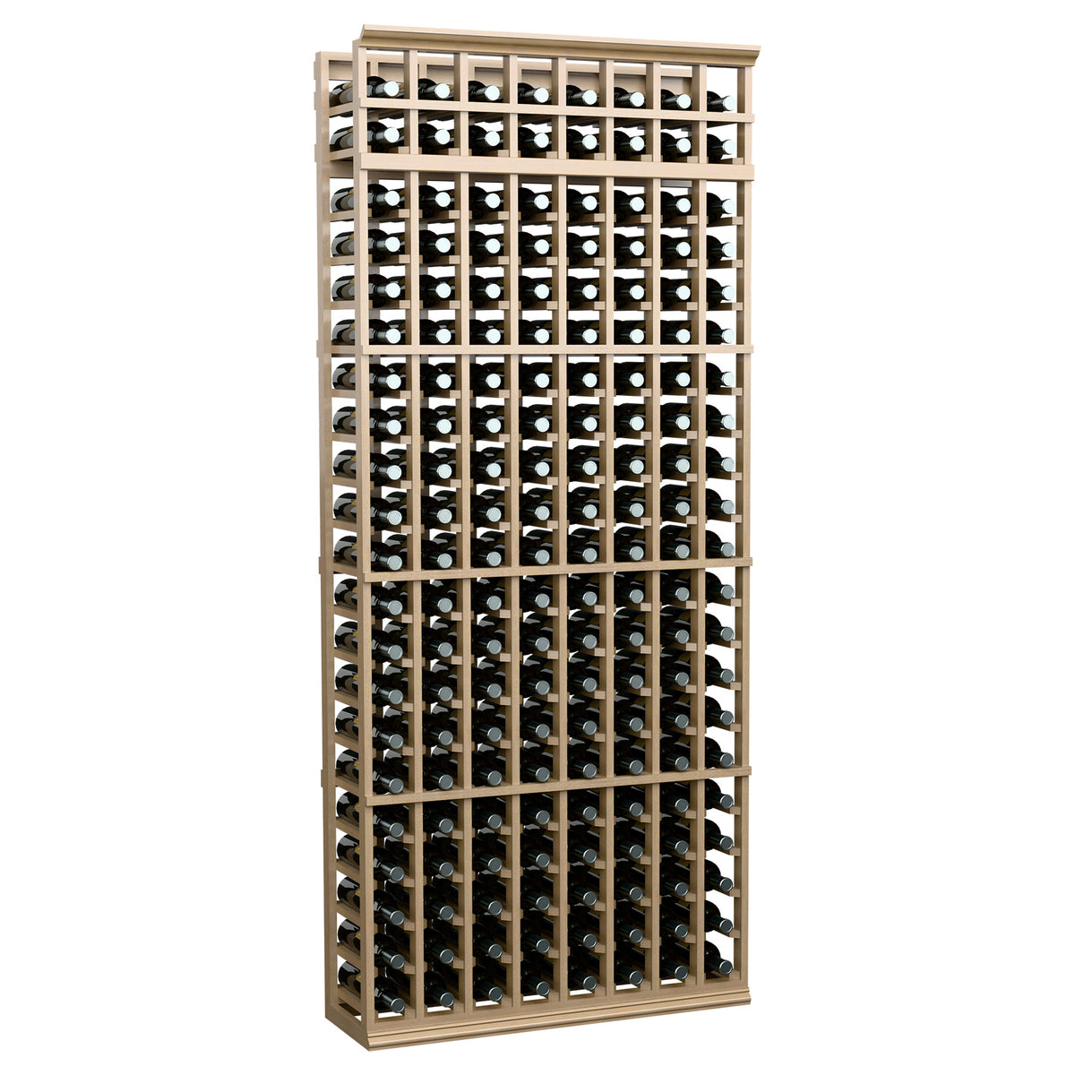 8-column wine bottle storage rack, pale wood frame with bottle-grip metal grid