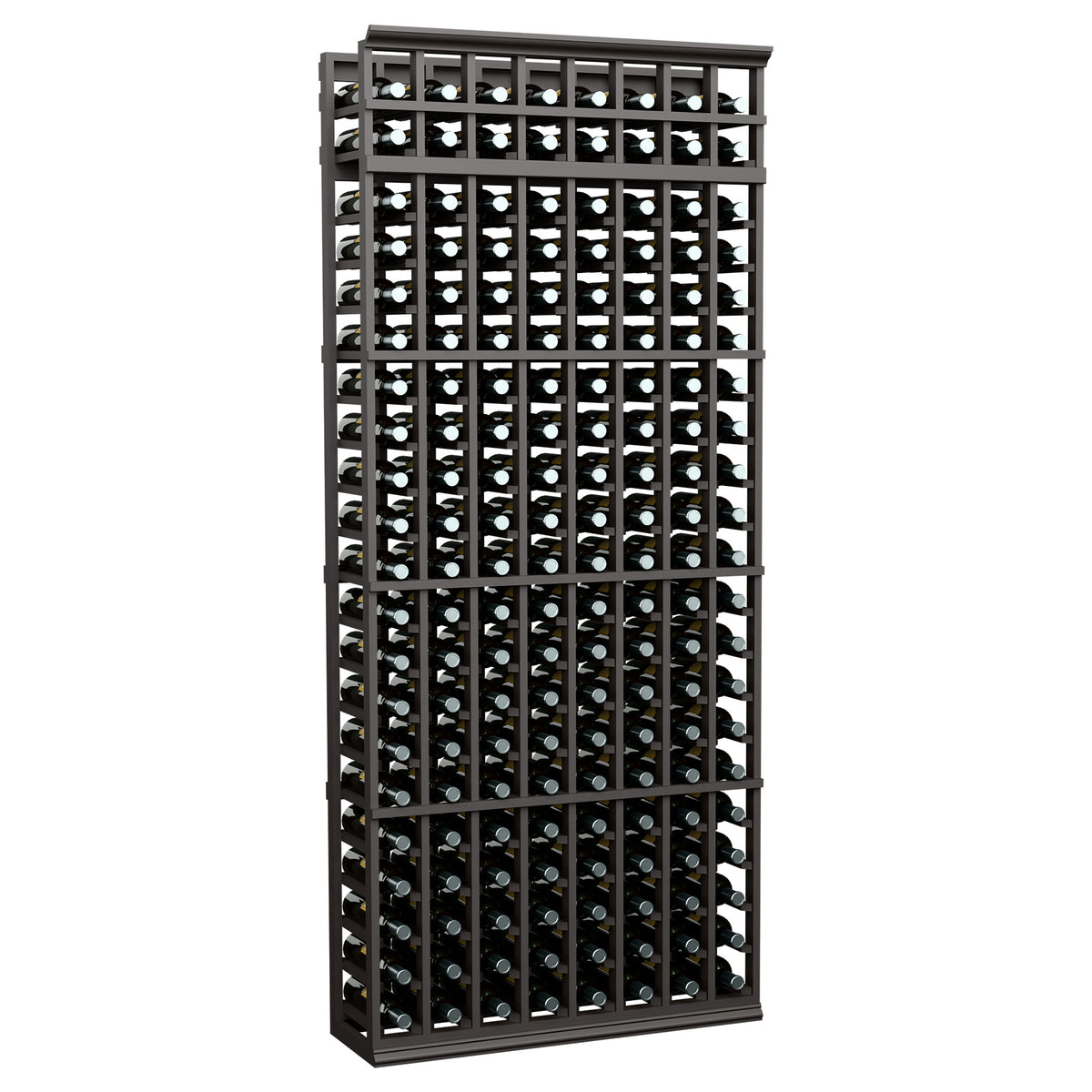 8-column wine bottle storage rack, dark wood frame with bottle-grip metal grid