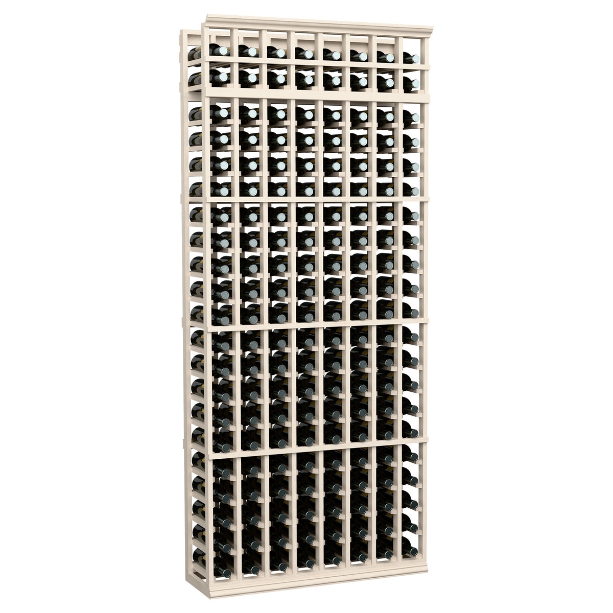 7-ft 8-column wine bottle storage rack with cream white wood frame and front bottle holders