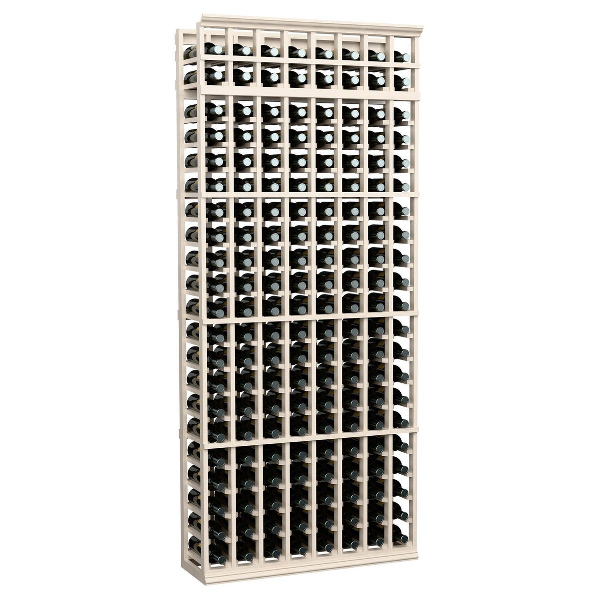 7-ft 8-column wine bottle rack with pale white wood frame and front wine bottle slots