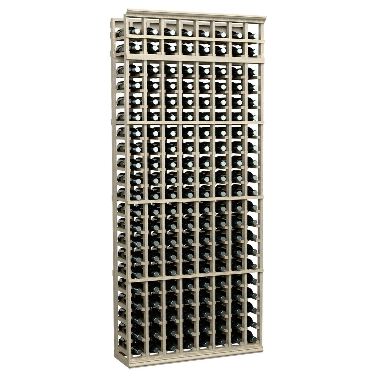 7-ft 8-column wine bottle rack with whitewashed wood frame and wire bottle holders