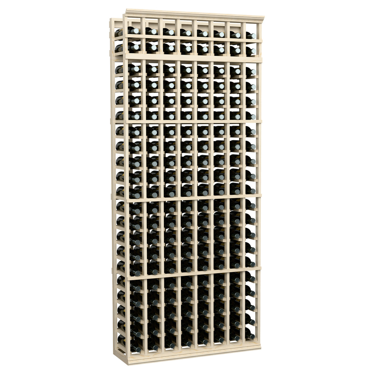 7-ft 8-column wine bottle rack with whitewashed wood frame and metal bottle cradles