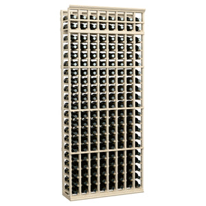 7-ft 8-column wine bottle rack with whitewashed wood frame and metal bottle cradles