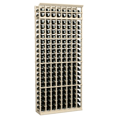 7-ft 8-column wine bottle rack with whitewashed wood frame and metal bottle cradles