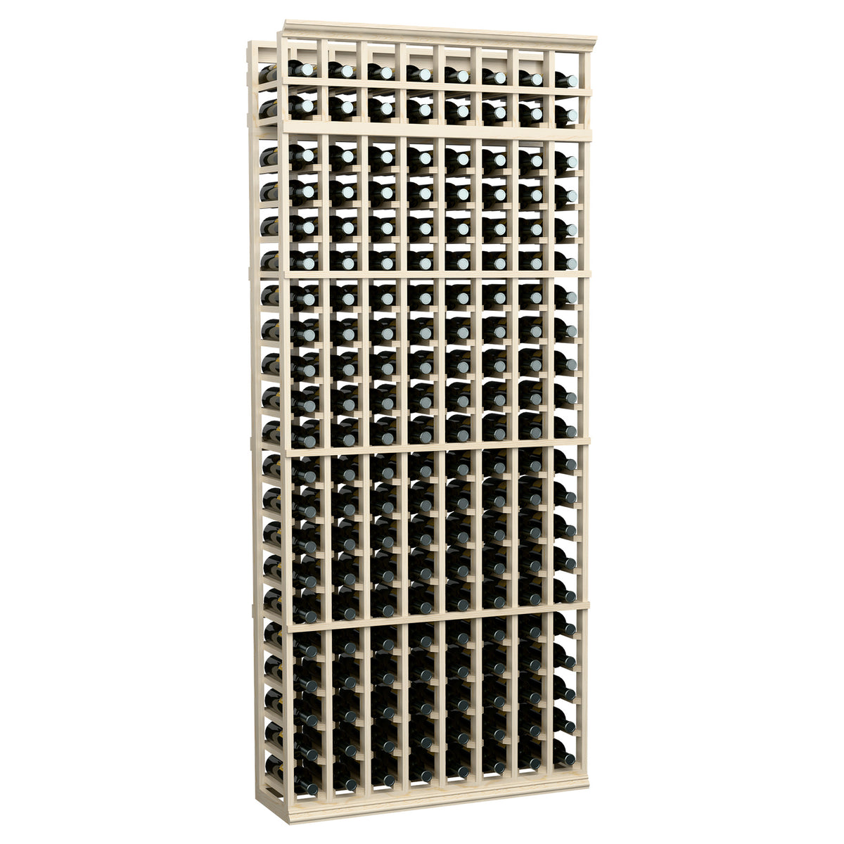 7-ft 8-column wine bottle rack with whitewashed wood frame and front grid bottle storage