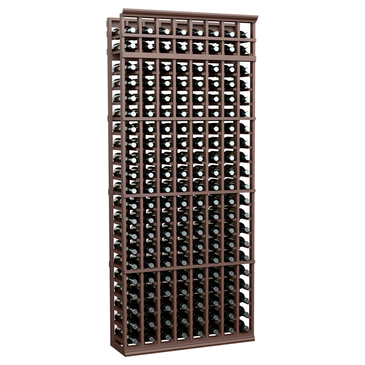 7-ft 8-column wine bottle rack with dark stained wood frame and wire bottle cradles
