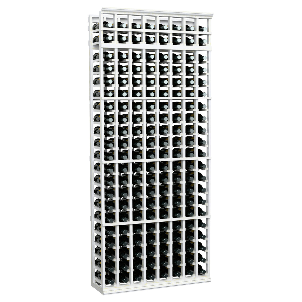 7-ft 8-column wine bottle rack with white painted frame and front wire bottle slots