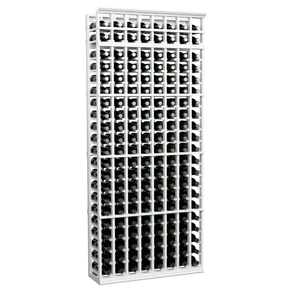 7-ft 8-column wine bottle rack with white painted frame and metal bottle grid storage