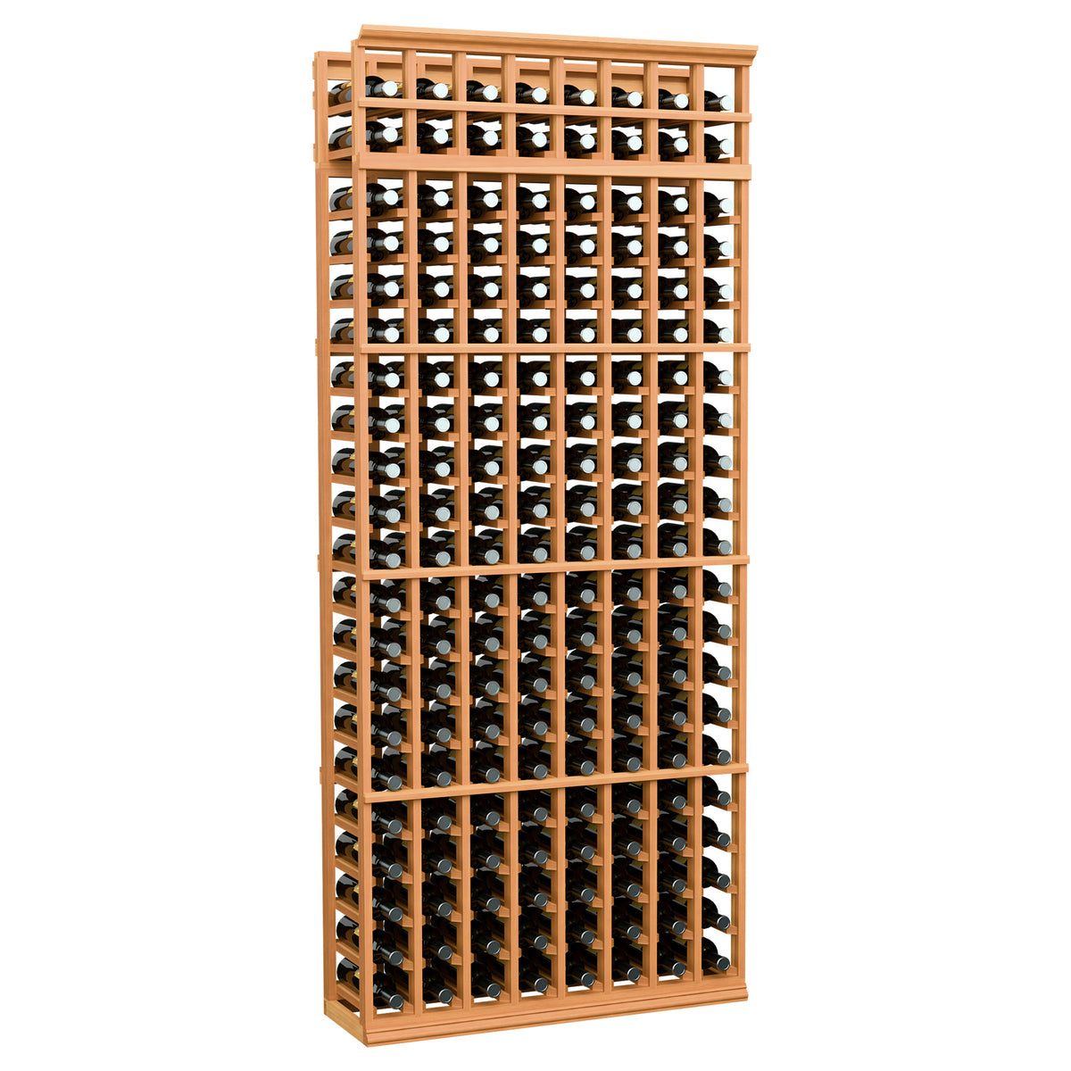 Warm wood 8-column wine bottle rack, 7 ft tall, front open lattice bottle rows