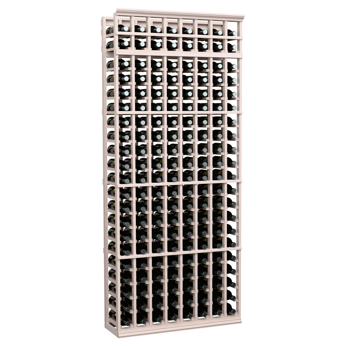 Gray-toned wood 8-column wine bottle rack, 7 ft tall, front open grid for bottles