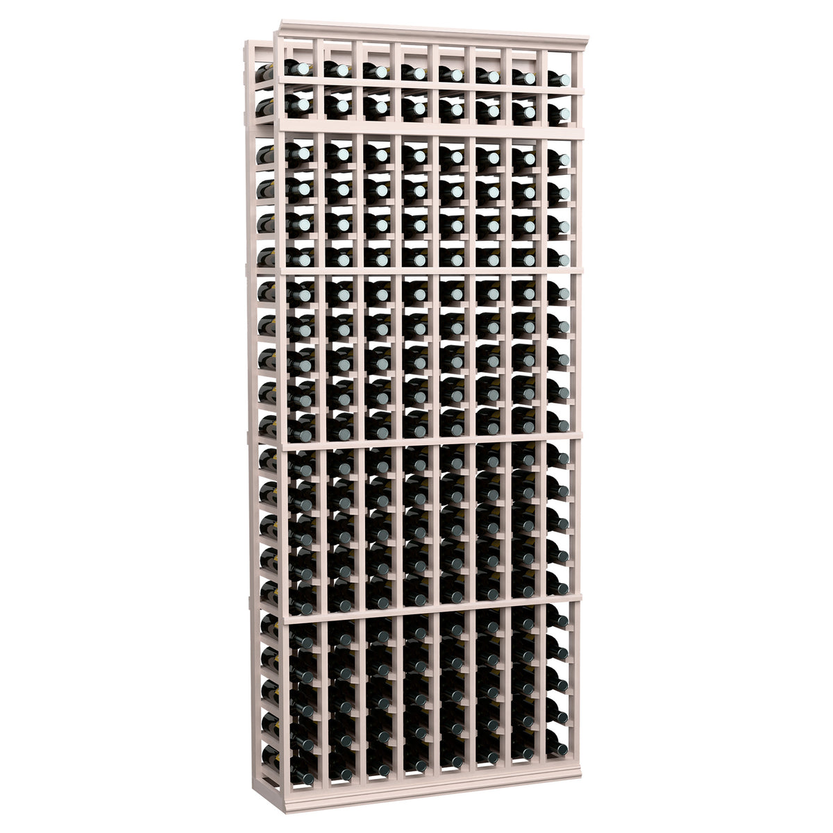 Gray-toned wood 8-column wine bottle rack, 7 ft tall, evenly spaced bottle slots