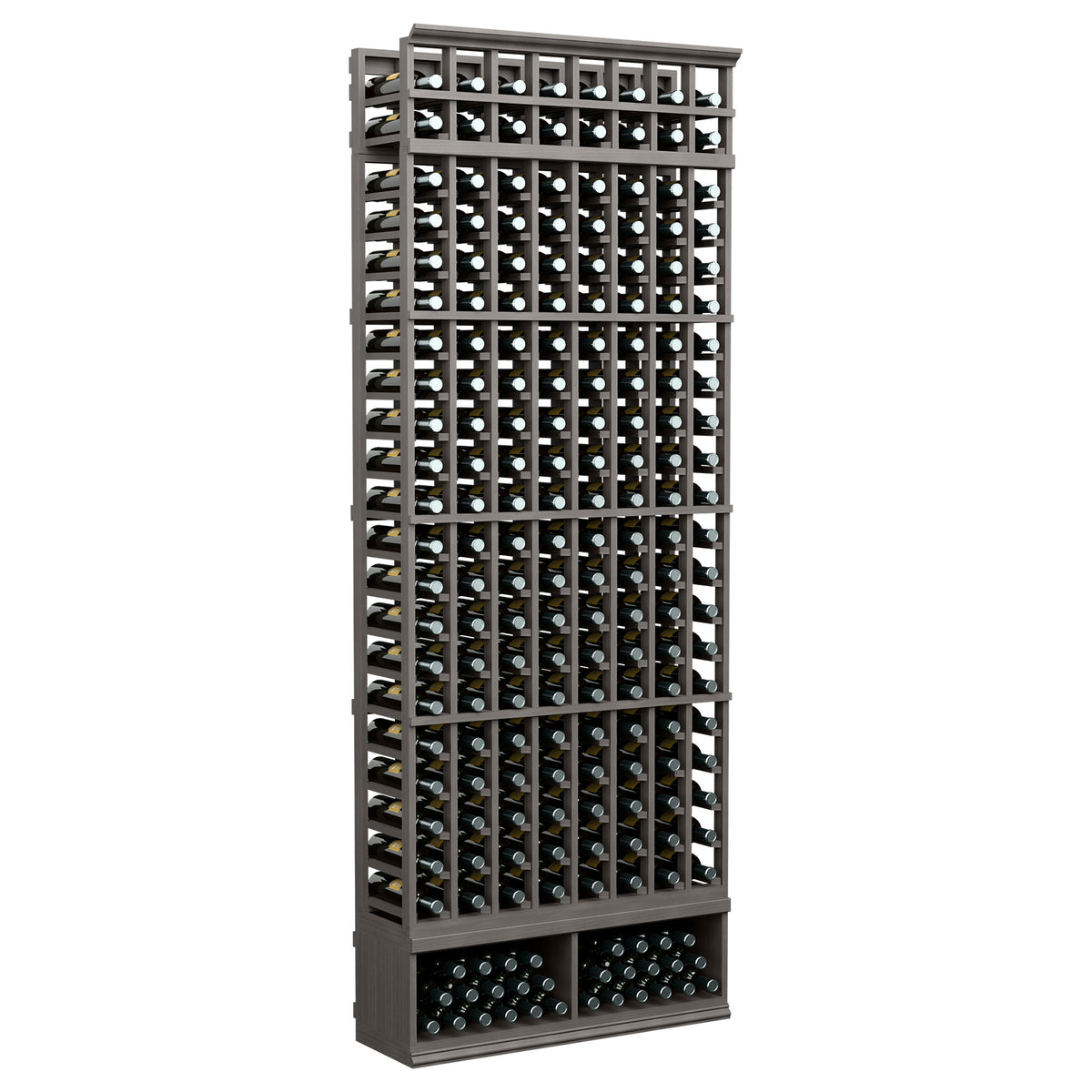 Black 8-column bottle rack with metal grid and front slot rows.