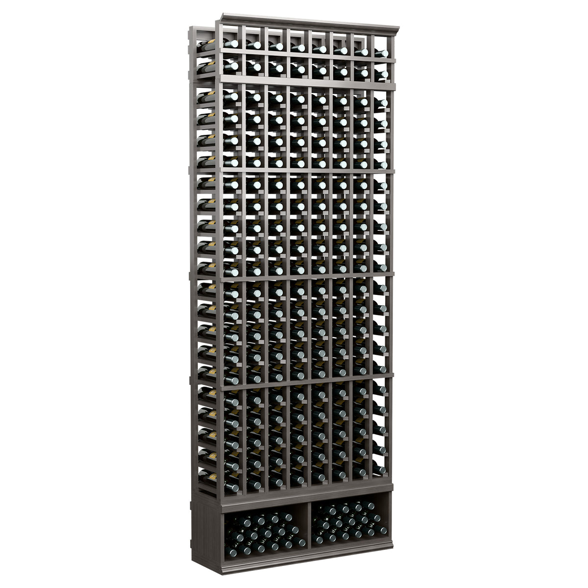Black 8-column bottle rack with metal grid and lower double-row base.
