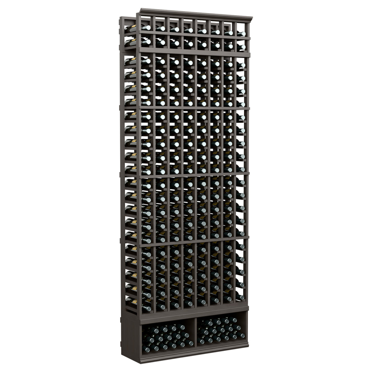Black 8-column bottle rack with metal lattice grid and bottom tray rows.
