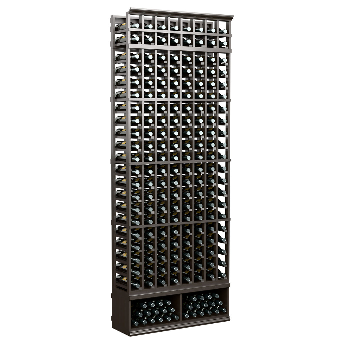 Black 8-column bottle rack with metal grid front and top bottle holder rows.