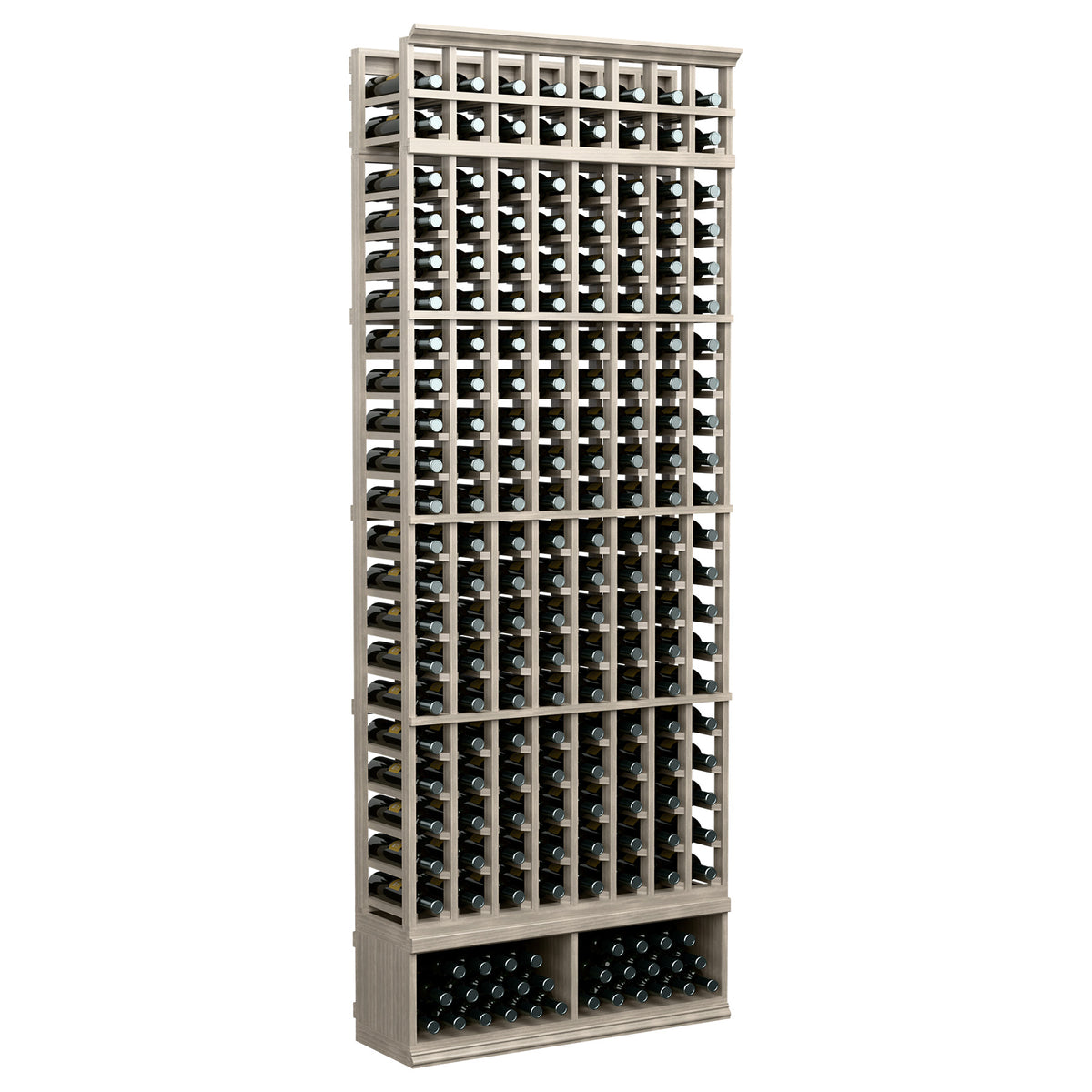 8ft wine bottle rack with 8 columns, light wood frame and dark metal bottle cells