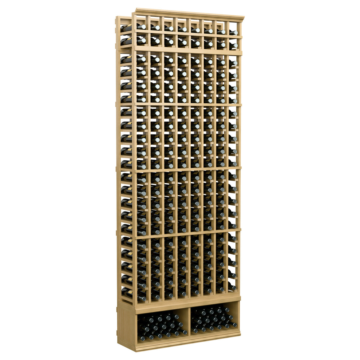 8ft wine bottle rack with 8 columns, warm wood frame and dark metal bottle holders