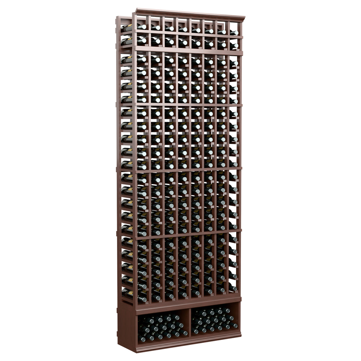 8ft wine bottle rack with 8 columns, dark wood frame and black metal bottle storage